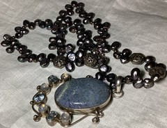 Lovely Handmade Denim Lapis, Cultured Pearls, Crystal & Sterling Silver Necklace