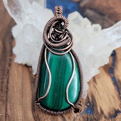Malachite Coiled Copper Wire Wrapped Amulet Pendant w/Patina USA Artisan Witchy