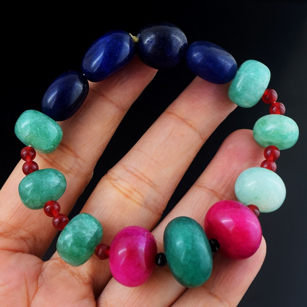 Onyx, Ruby, Emerald & Sapphire 221.00 Cts Beaded Stretchable Bracelet VK 87 E582