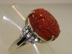 BEAUTIFUL STERLING SILVER CARVED RED JADE SPARKLING CZ’S RING SIGNED JOY! SZ 10