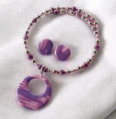 Handcrafted Pink Purple Silver Beaded Polymer Clay Memory Wire Choker Set