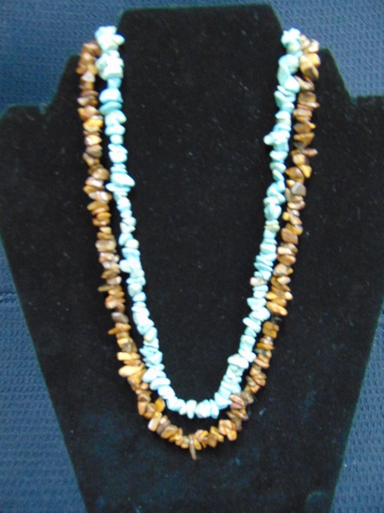 TURQUOISE & TIGERS EYE NECKLACE WITH STERLING SILVER CLASP 18″- 19″ LONG