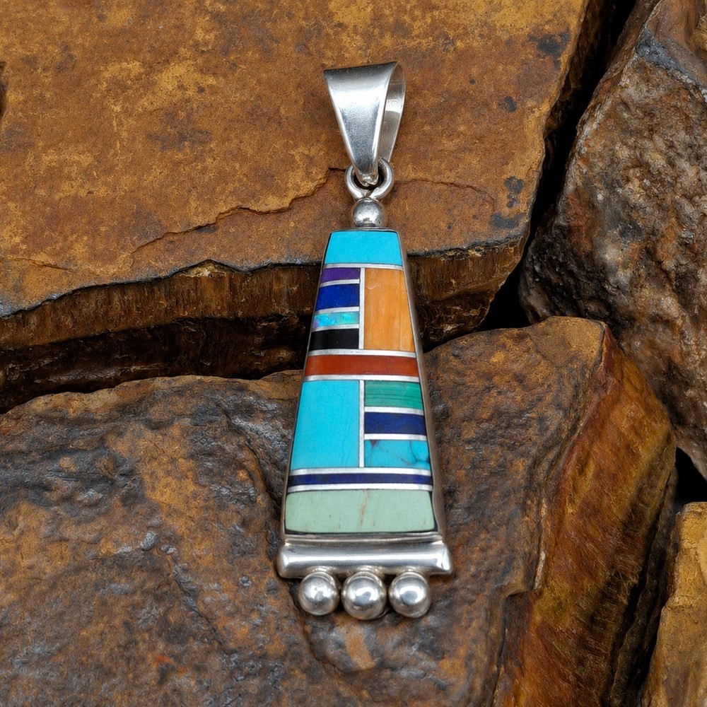 Signed WS Sterling Silver Mosaic Inlay Pendant Native American Willie Shaw