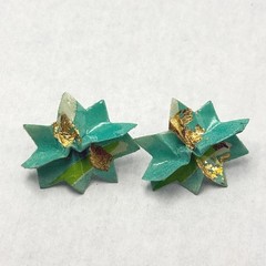 Vintage Handmade California Paper Flower Earrings Teal Gold Leaf Pierced