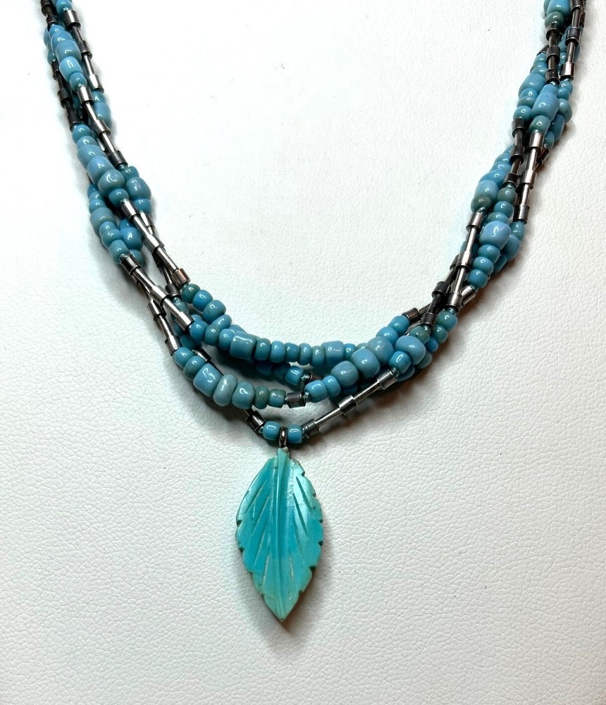 Natural Turquoise, Sterl. Silver Handmade Leaf necklace, knotted, 19″, 4 strands