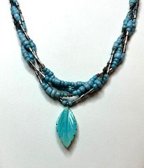 Natural Turquoise, Sterl. Silver Handmade Leaf necklace, knotted, 19″, 4 strands