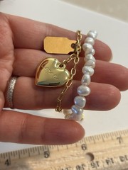 Handcrafted Pearl and Gold Heart Charm Necklace, 16″ Cable Chain, Engraved