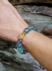 Green Fluorite Crystal Bracelet With Yellow & Purple Stretch Gem Beads 6.75″