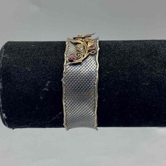 Sterling Silver 925 Red & Clear Stone Floral Cuff Bracelet Gold Tone Accents