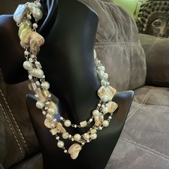 Multi-Strand Baroque Pearl & Shell Beaded Link Chain Necklace White 36”