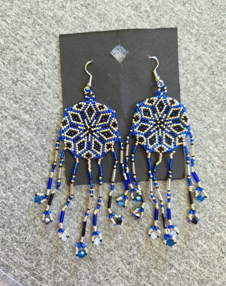 Prison Made Beaded Dangle/Drop Hook Earrings 7 Point Rosette Blue Silver Black