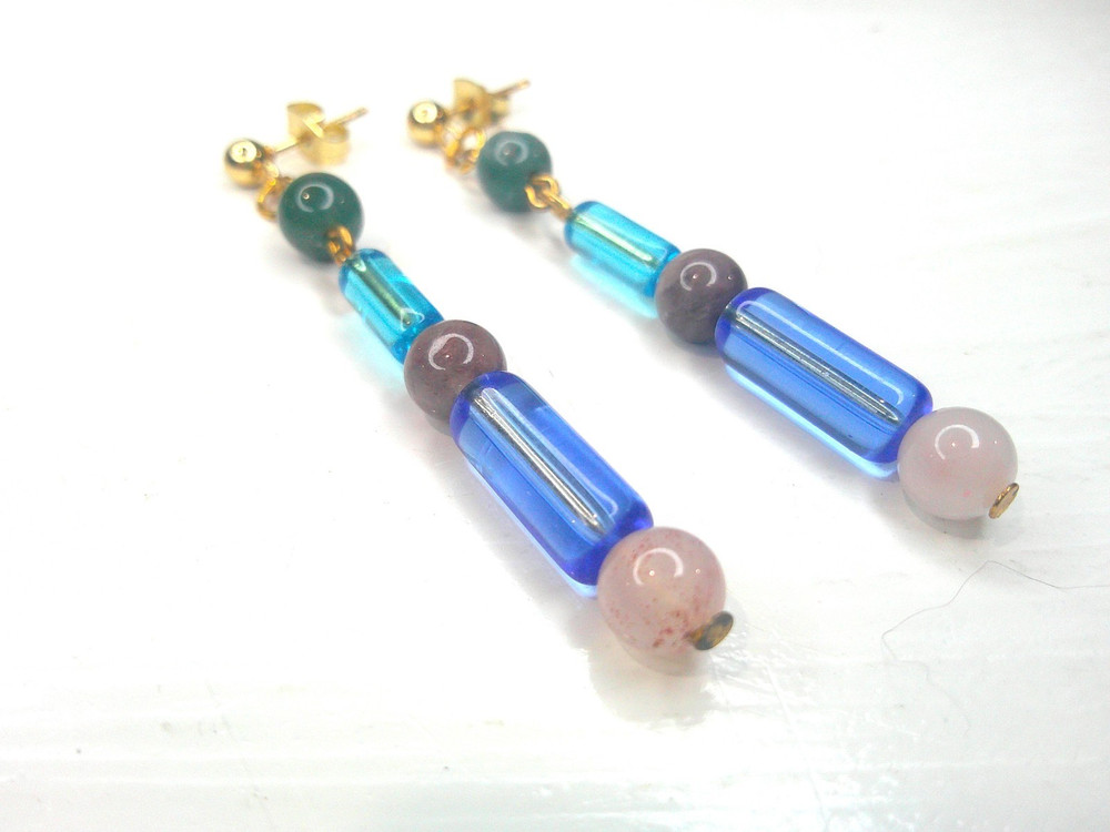 14K Solid Gold Dangle Gemstone Earrings Glass Bead Agate Quartz Handmade Boho
