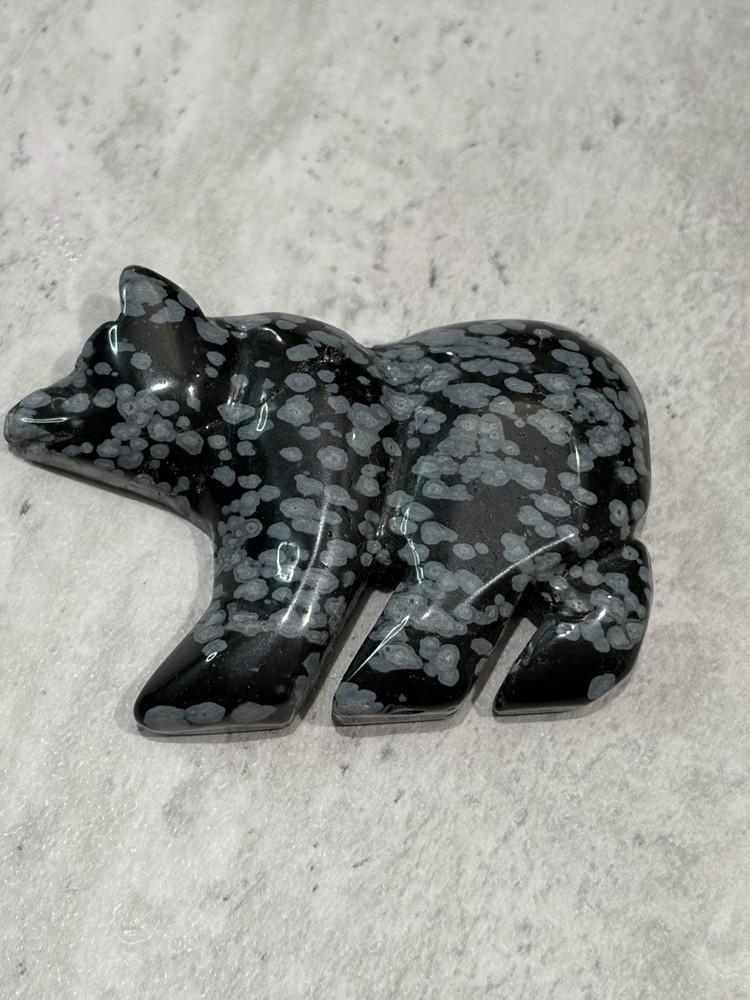 Snowflake Obsidian Stone Carved Bear Pendant Jewelry