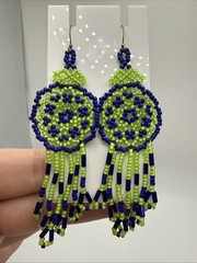 Bright Green & Blue Dream Catcher Seed Bead Dangle Earrings 3.5”
