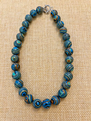 Blue Malachite Necklace Striped Man Made 14-inch, Hand-knotted Marbled