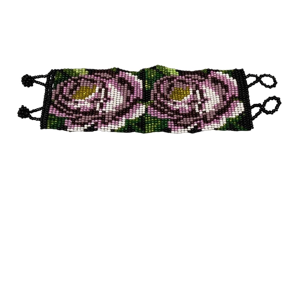 Handcrafted Beaded Bracelet With Purple Floral Design & Adjustable Loop Closures
