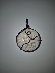 Natural Fossilized Coral Cabachon Pendant Wrapped In Burgandy Colored Wire OOAK