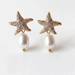 Starfish Pearl Drop Earrings in Gold Tone, Beach Jewelry, Gift for Her