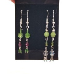 Handmade Dangle Drop Earrings Green Blue Pink Glass Beads .925 Hooks Set 2