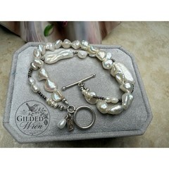 Artisan RB Sterling Silver Baroque Freshwater Pearl Bracelet Signed 7.5”