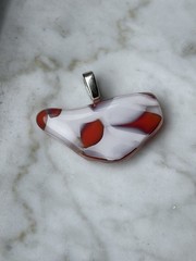 Artisan Fused Glass Pendant Orange Red And White abstract With Silver Ball