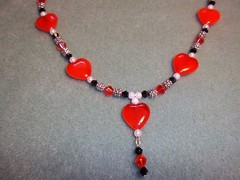 Hand Crafted 19 in RED Glass HEART Bead & Black Swarovski Crystal NECKLACE G-17