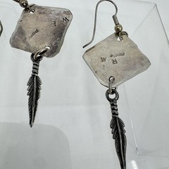 Artisan Made Stamped Sterling Silver Hematite Dangle Earrings 2.5”