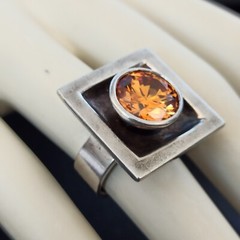 Silver Ring Modernist Massive Geometric Bold Artisan Quartz Square 7.25 Fine VTG