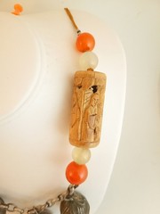 Artisan necklace silverplate bells carved wood beads Peking glass enameled clasp
