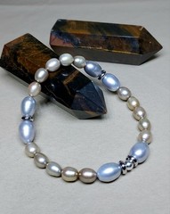Champagne & Gray Pearl Bracelet Stretch Freshwater Oval Pearls Handcrafted 6.75″
