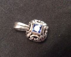 Vintage FAS Princess Cut Blue Stone Scrolled Sterling Silver 925 Pendant