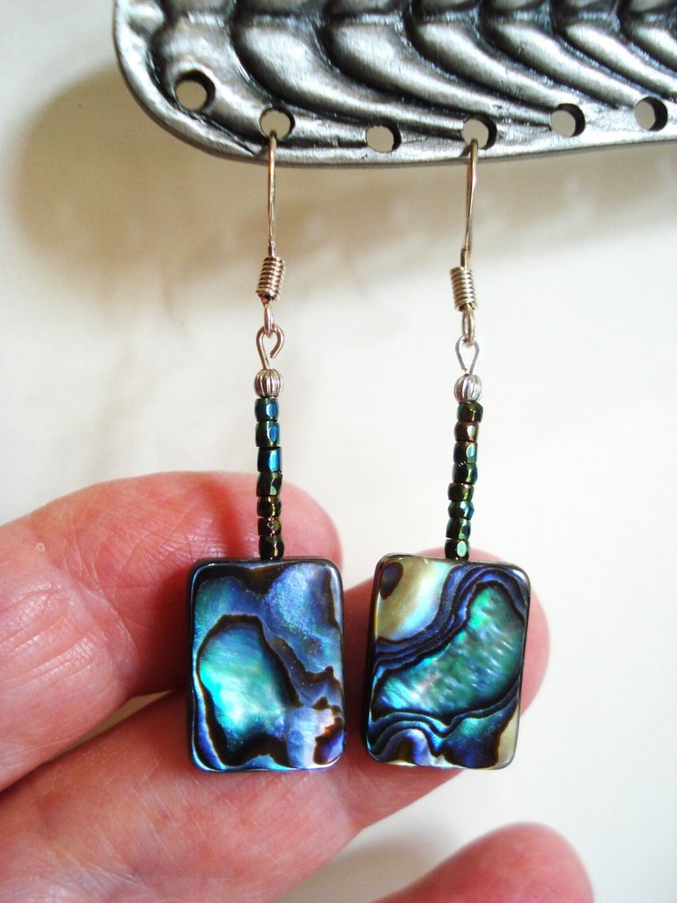 2″ Drop Abalone 16mm x 12mm Shell, different color swirl, Rectangular Earrings