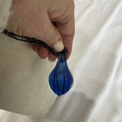 Studio Art Glass Pendant Necklace Blue Green Striped Multi Strand Seed Beads