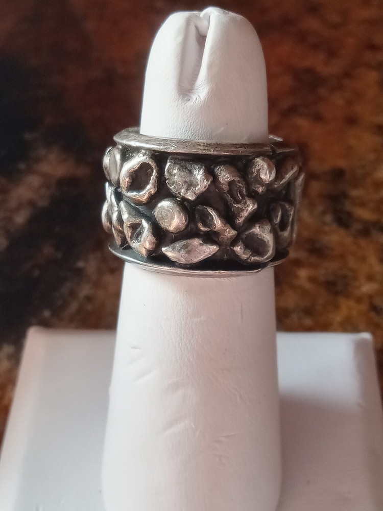 Silver Nugget Wide Band Ring Hallmarked BG Handmade and Unusual Size 7