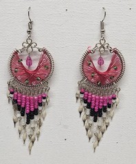 Handmade Large Beaded Thread Moon Shaped Earrings With Long Beaded Dangles