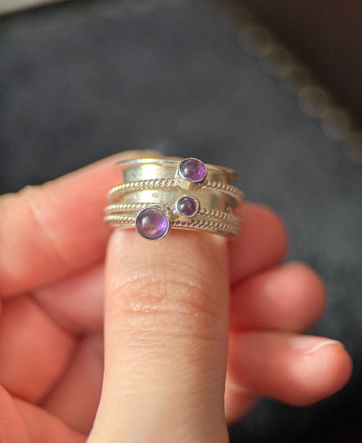 Genuine Amethyst Spinner Ring 7.5 925 Sterling Silver Meditation Ring Fidget