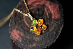 Flower Design Mexican Fire Opal Diamond Pendant Necklace 14k Yellow Gold