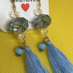 Blue Tassel Beaded Glass Thread Dangle Earrings Hook Closure Handcrafted