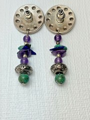 Silver Medallion Dangle Pierced Amethyst Turquoise Earrings