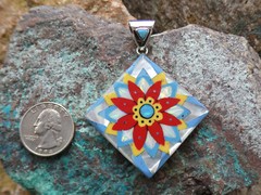 Vibrant Flower Micro Inlay Gemstone Fire Opal Sterling Silver 925 Pendant Ai8