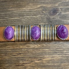 Valerie Brown Leather Bracelet Purple Plastic Stone Snap Closure 7-7.5″ Italy