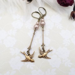 Handmade Antique Brass Small Bird Earrings, Champagne Pearl Cottagecore Jewelry