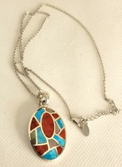 Vintage Coral Turquoise MOP Inlay Oval Pendant Necklace 925 Sterling Silver 18″