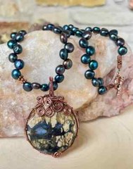 New Handmade Statement Necklace- Wire Wrapped Stone with Black Button Pearls