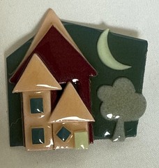 Nighttime moon and tree teal and maroon House Pins by Lucinda Brooch