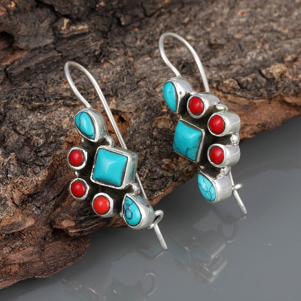 925 Sterling Silver Handmade Earrings Natural Turquoise & Coral Stone Earrings