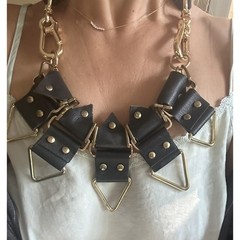 MOKHAM Leather statement Necklace rock Concert Gothic Black Gold Metal RARE Goth