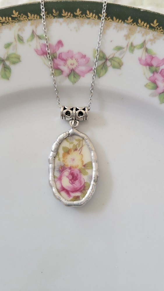Vintage Pink Rose Broken China Jewelry, Hand-Soldered Oval Floral Necklace