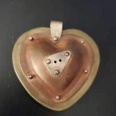 Mixed Metal Puffy Heart, Steampunk, Brutalist Pendant Artist Signed 2″ EUC