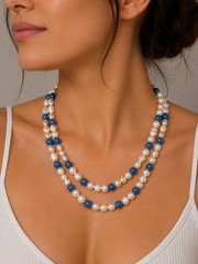 Necklace With Blue Chalcedony & Pearls Without Clasp 34 Inches.